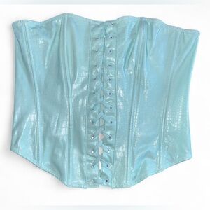 Savage x Fenty Queen of the Galaxy corset in light blue crocodile-embossed vinyl